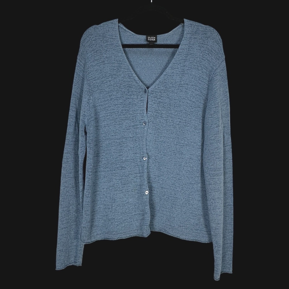 Eileen Fisher Blue Silk Blend V-Neck Button Front Cardigan Sweater Large